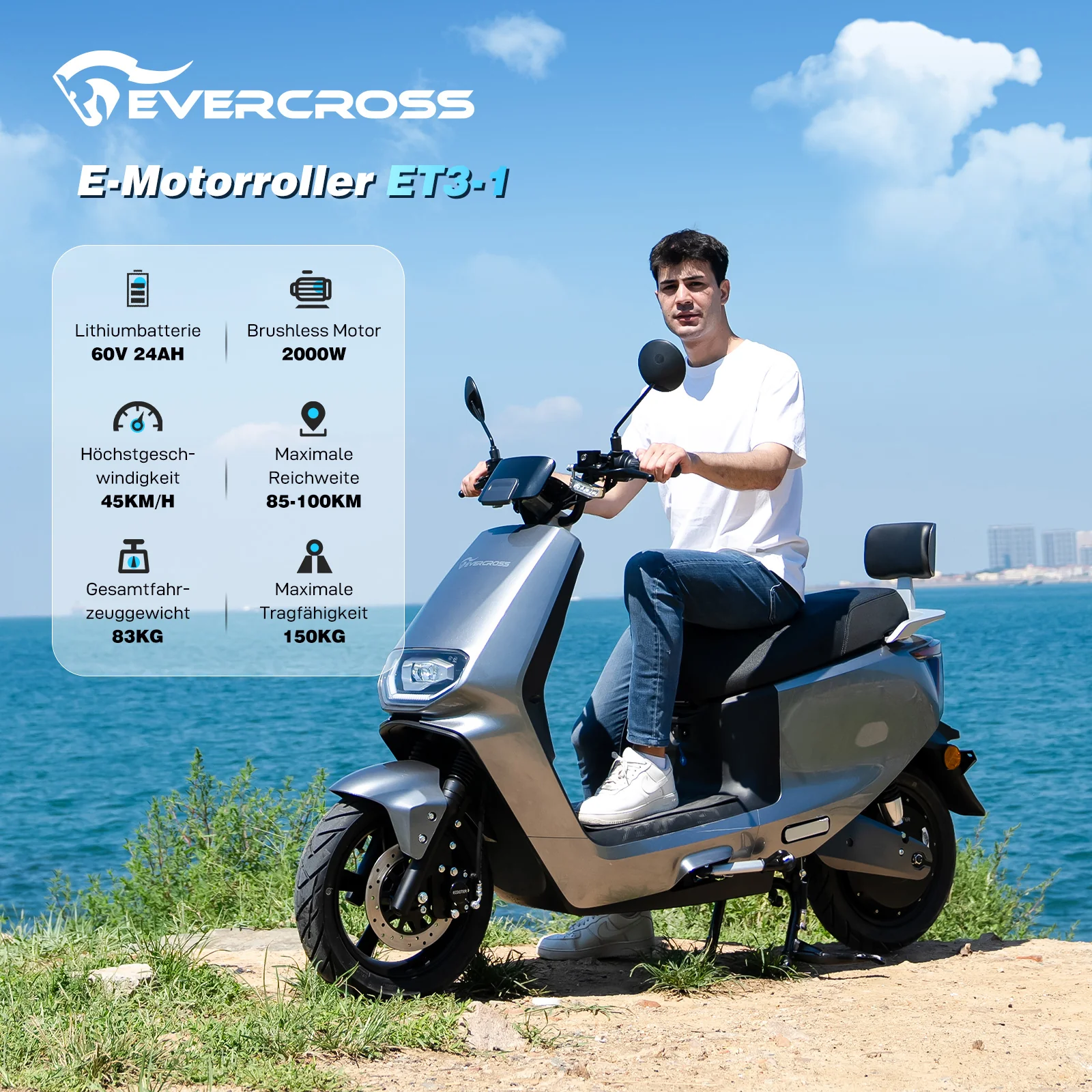 EVERCROSS ET3-1 Elektroroller, 2000-W-Motor - Image 3